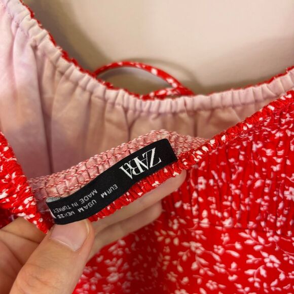 Zara Red with White Floral Print Midi Dress with Slit Side Size Medium - Picture 8 of 9